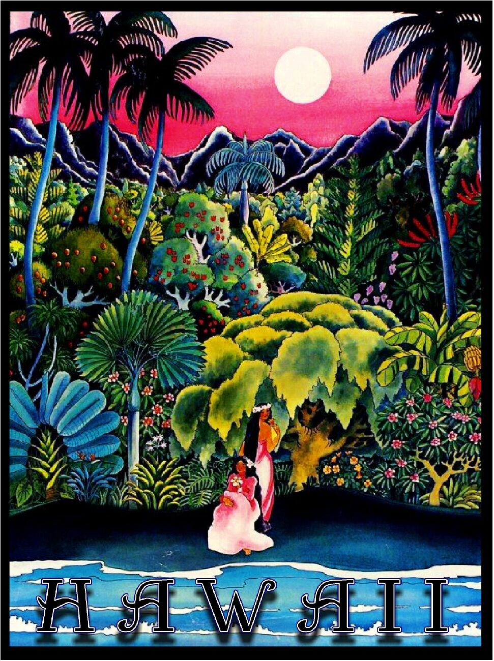 Hawaii Island Hawaiian Girls Oahu  Waikiki Vintage Travel Advertisement Poster