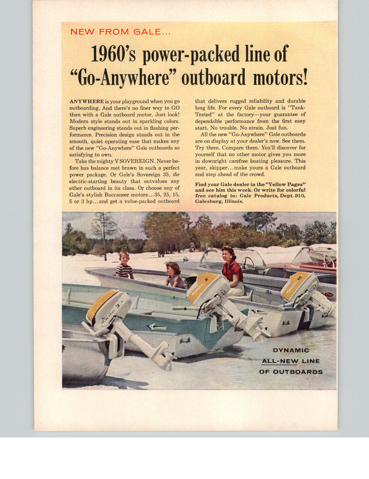 1960 PAPER AD 2 PG Gale Outboard Motors V Sovereign 60 HP COLOR Motorboat Boat