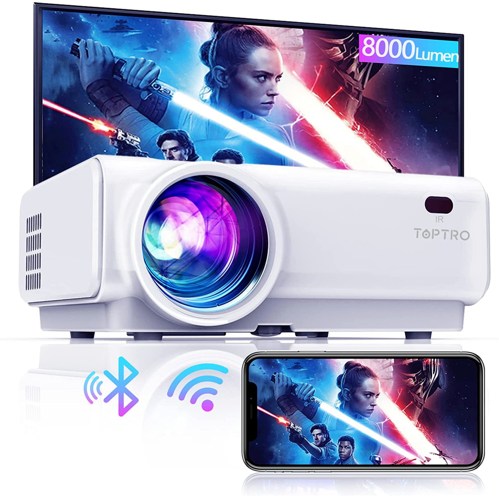 TOPTRO WiFi Bluetooth Projector 8000Lumen Support 1080P Home Video White