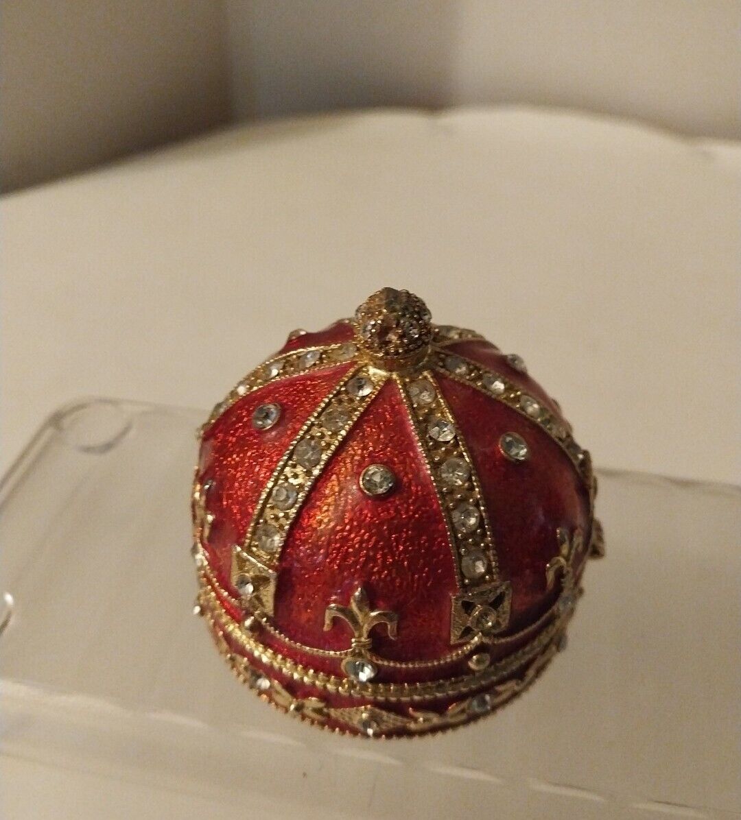 Very Small Red Enamel and Rhinestone Crown Trinket Box
