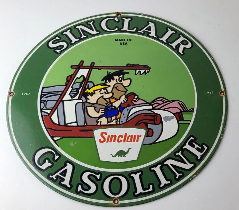 Vintage Sinclair Gas Porcelain Sign - Flintstones Cave Man Gasoline Pump Sign