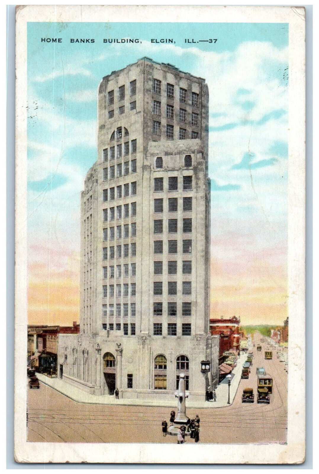 1935 Monument, Home Banks Building Elgin Illinois IL Vintage Posted Postcard