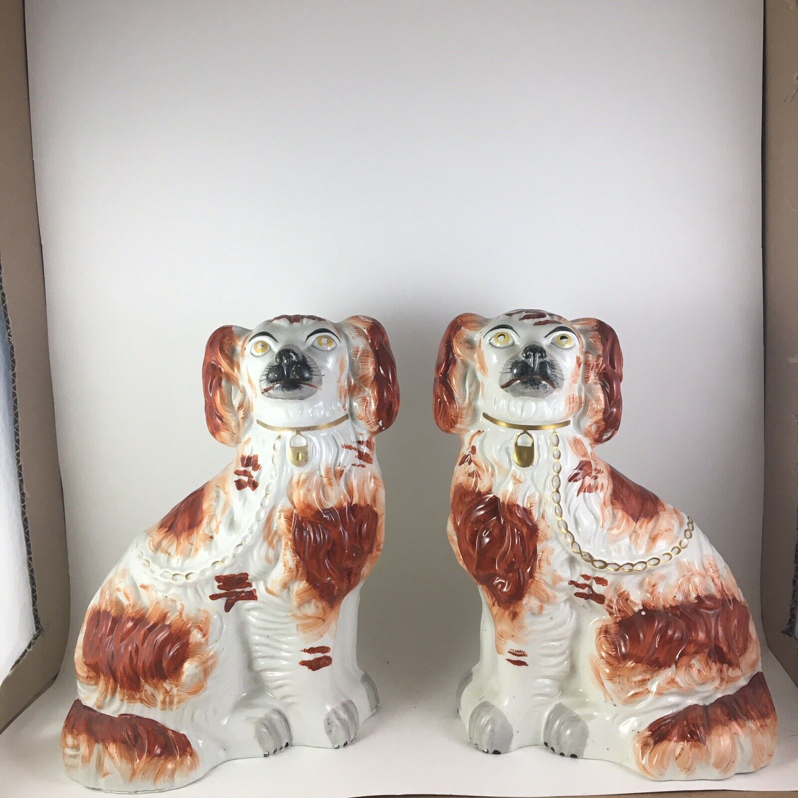 NICE PAIR MID 19thC STAFFORDSHIRE RUSSET SPANIEL DOGS Fox Hunting Mantle Red