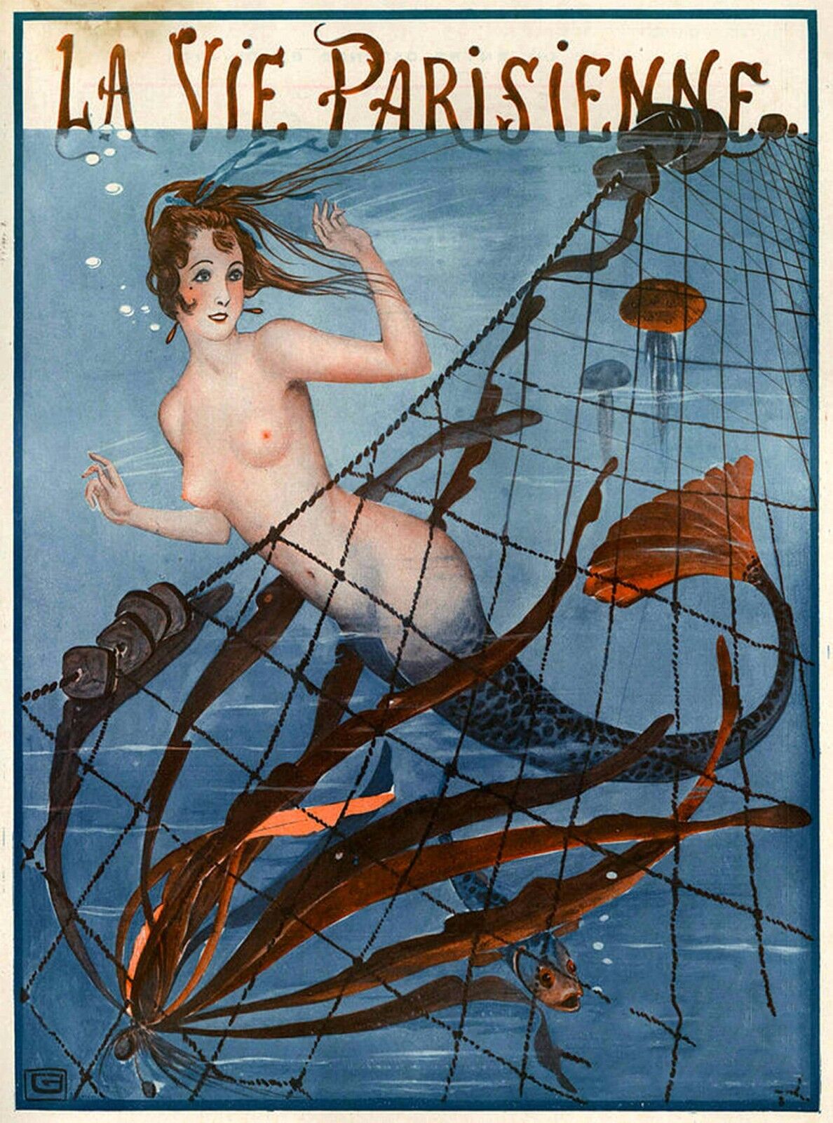 1920's La Vie Parisienne Nouveau Mermaid Blue France Travel Advertisement Poster