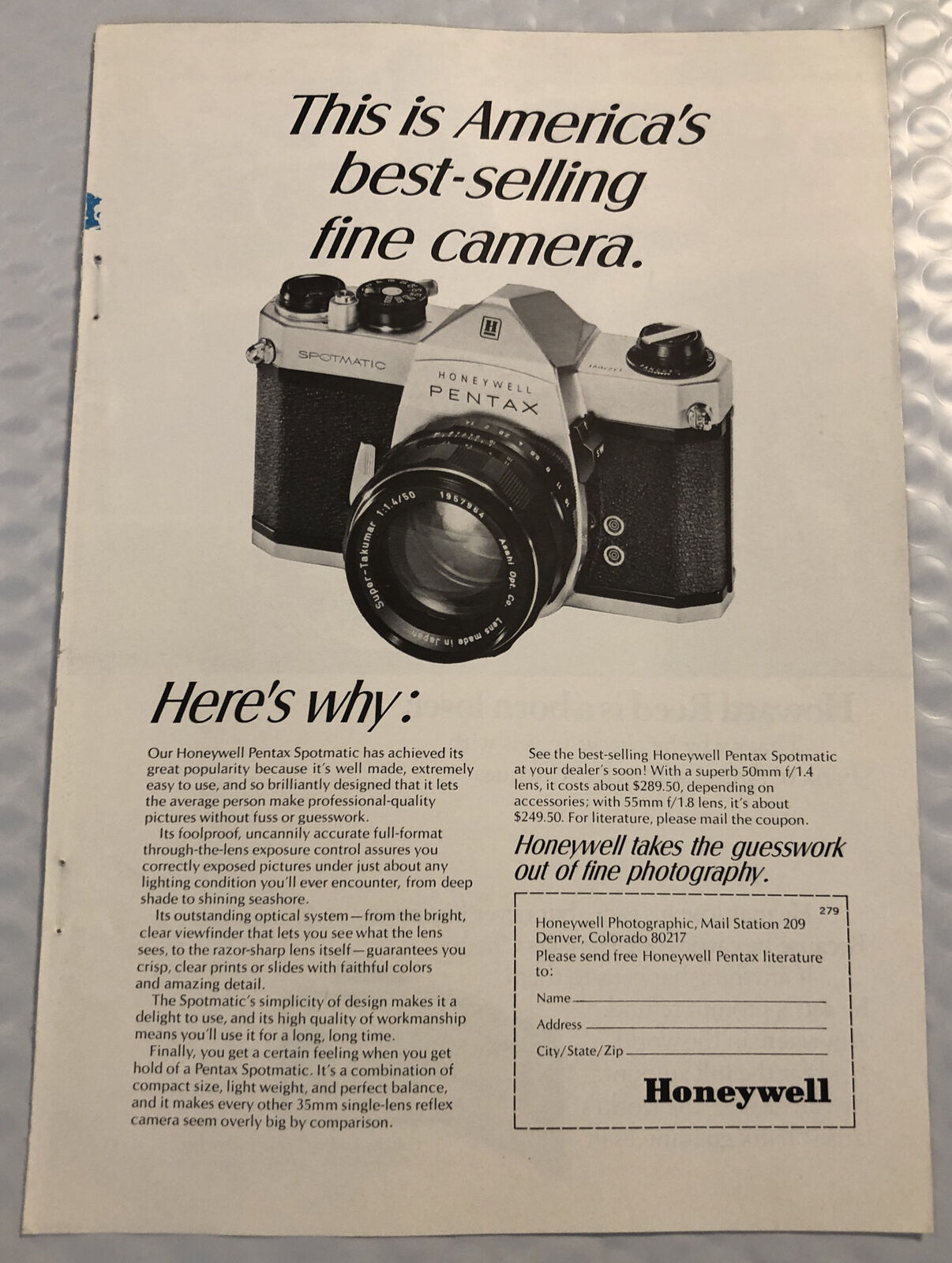Vintage 1968 Honeywell Pentax Original Print Ad Full Page - Best- Selling