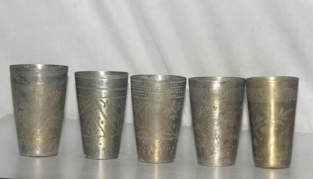 1930'S Old Brass Handcrafted 5Pcs Floral Inlay Engraved Milk/Lassi Brass Glass