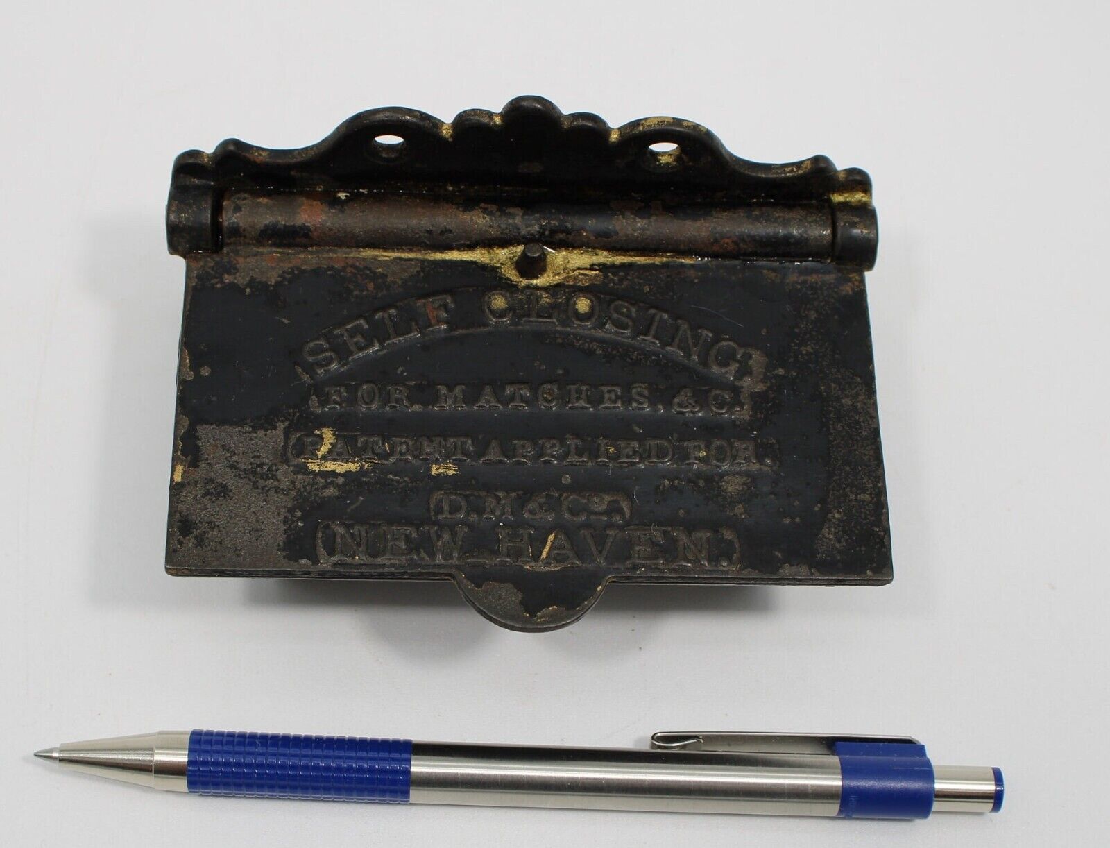Antique Cast Iron Match Safe Self Closing Patent Applied for D.M CO - Pre 1864