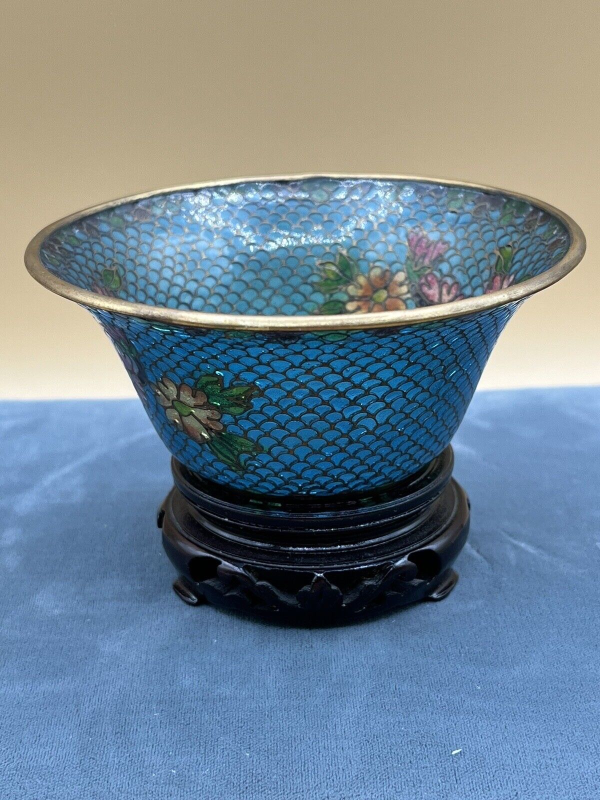 VTG Blue Transparent Enamel Cloisonné Bowl Handmade 4”W
