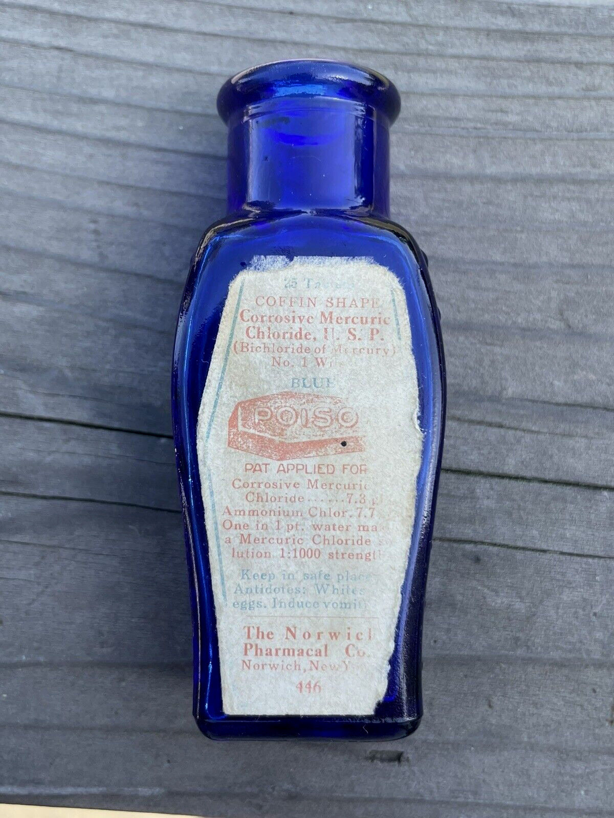 Antique Coffin Poison Bottle Cobalt Blue with Label