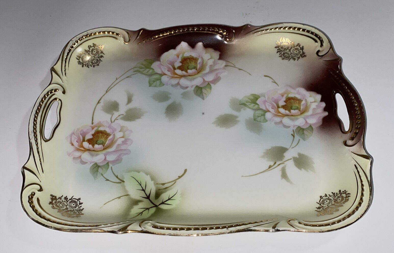 Antique 1915 PK SILESIA German Porcelain Vanity Tray, Pastels w Roses, Gold Bead
