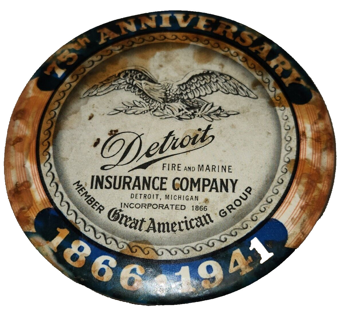 Antique 1866-1941 Advertising Mirror Detroit Insurance Co. 75th Anniversary