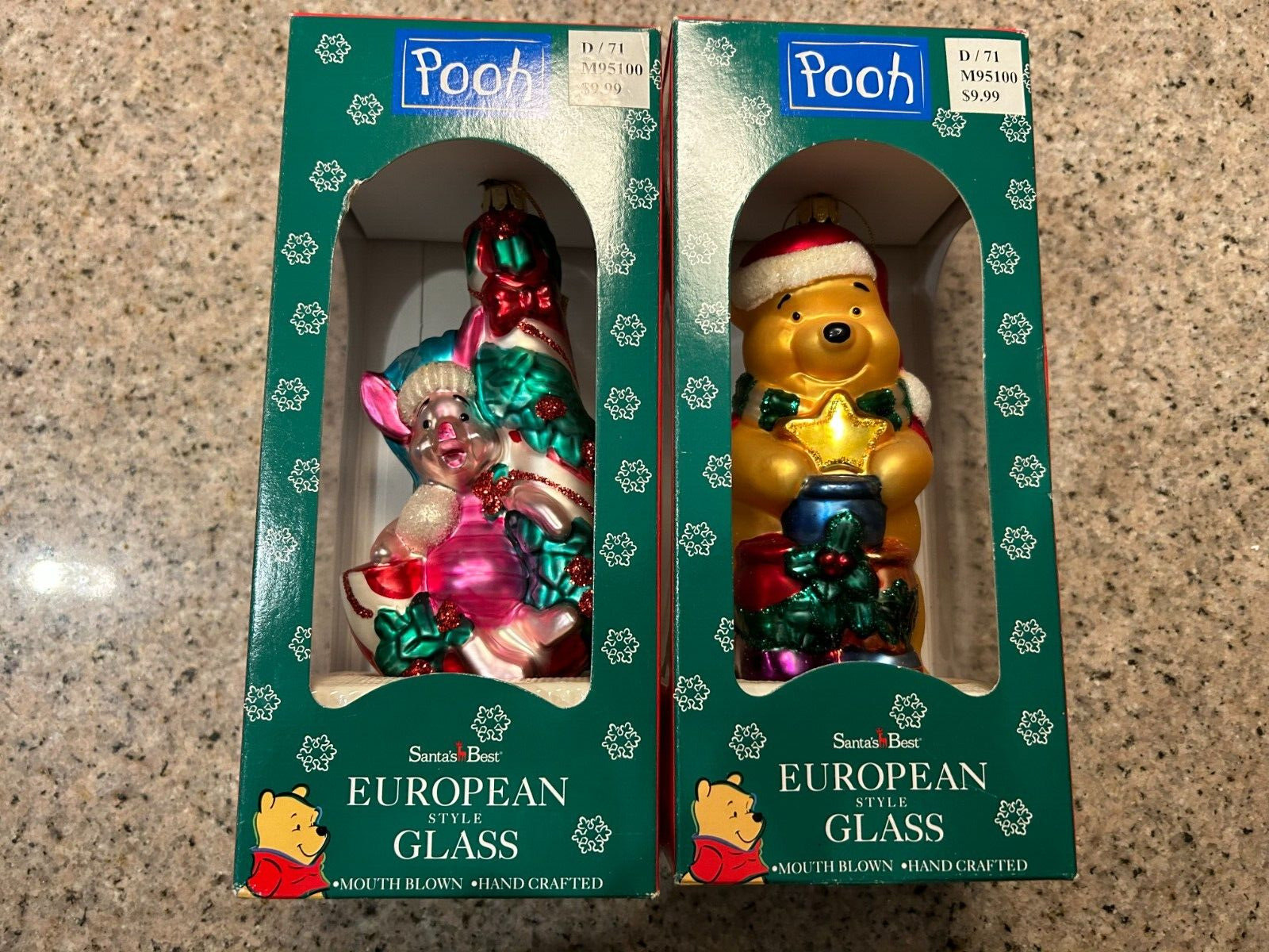 Santa's Best Vintage European Style Mouth Blown Glass Pooh and Piglet Lot of 2