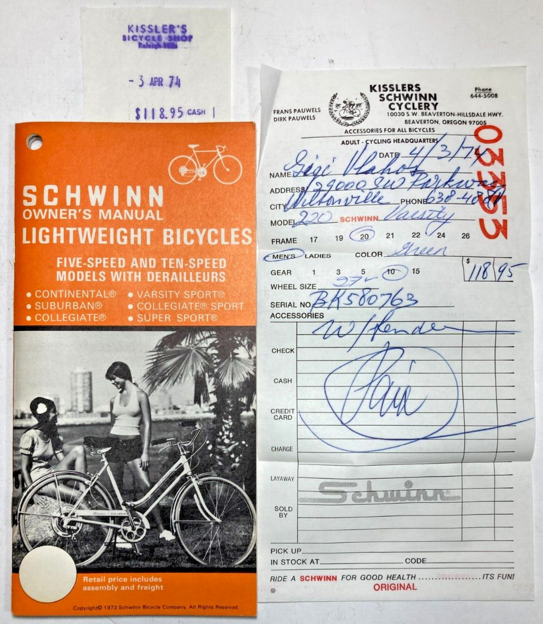 Vintage 1973 SCHWINN BICYCLE Owners Manual & STORE RECEIPT Lightweight 10-SPEED
