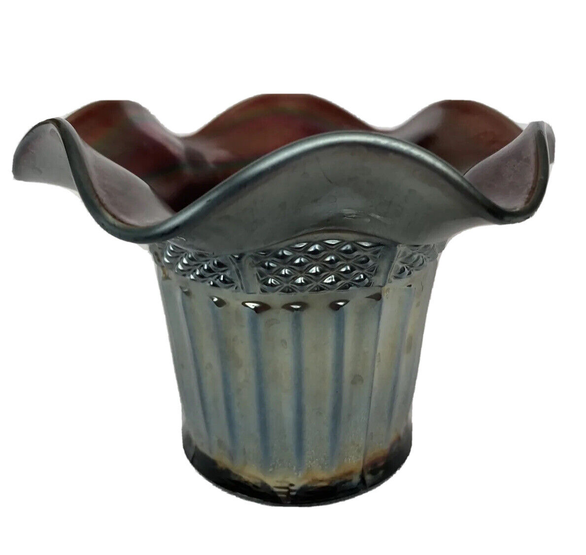 Northwood Lustre Flute Hat Vase Ruffled Waffle Band Amethyst Carnival Glass 