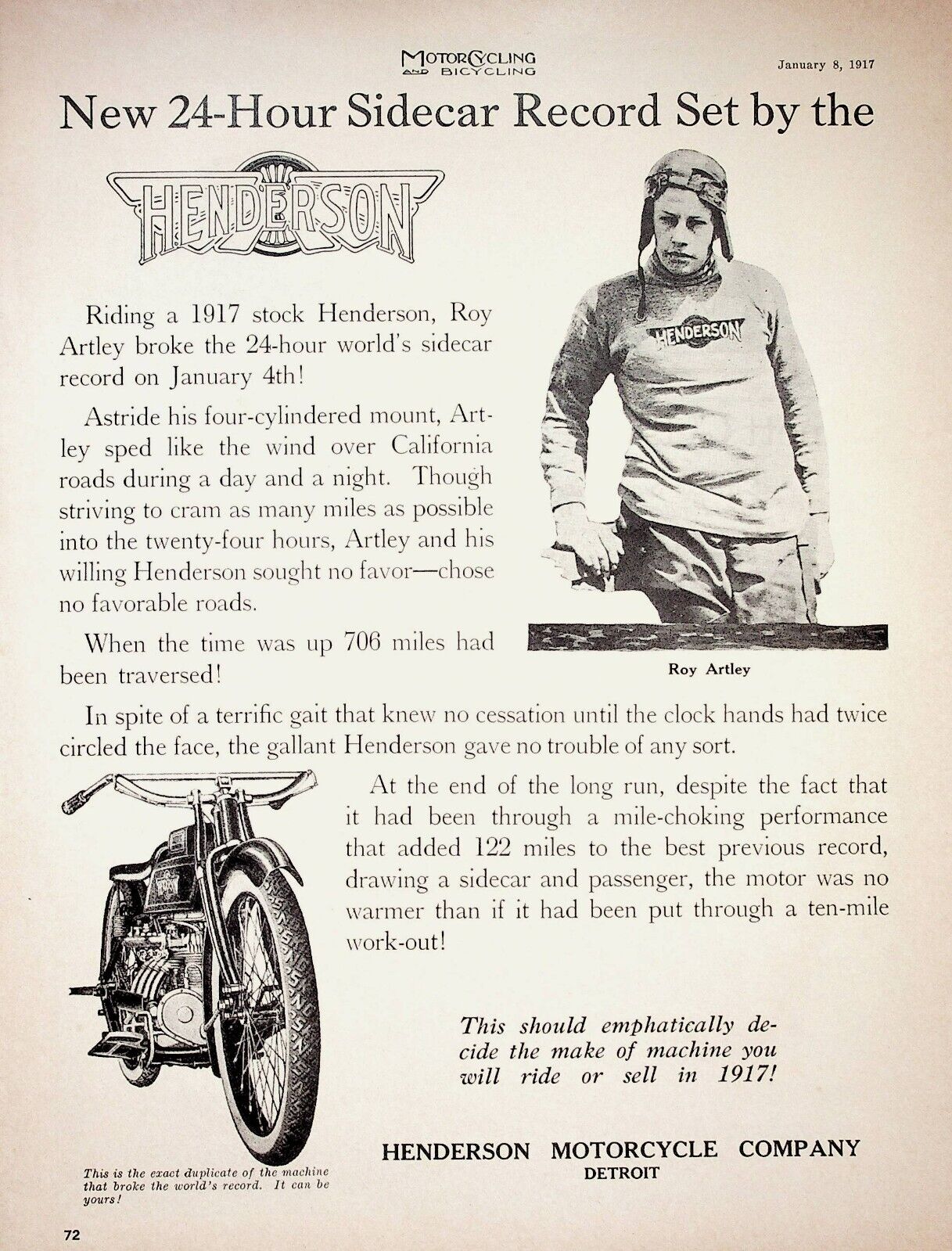 1917 Detroit MI Henderson Motorcycle Roy Artley - Vintage 1965 Historical Ad