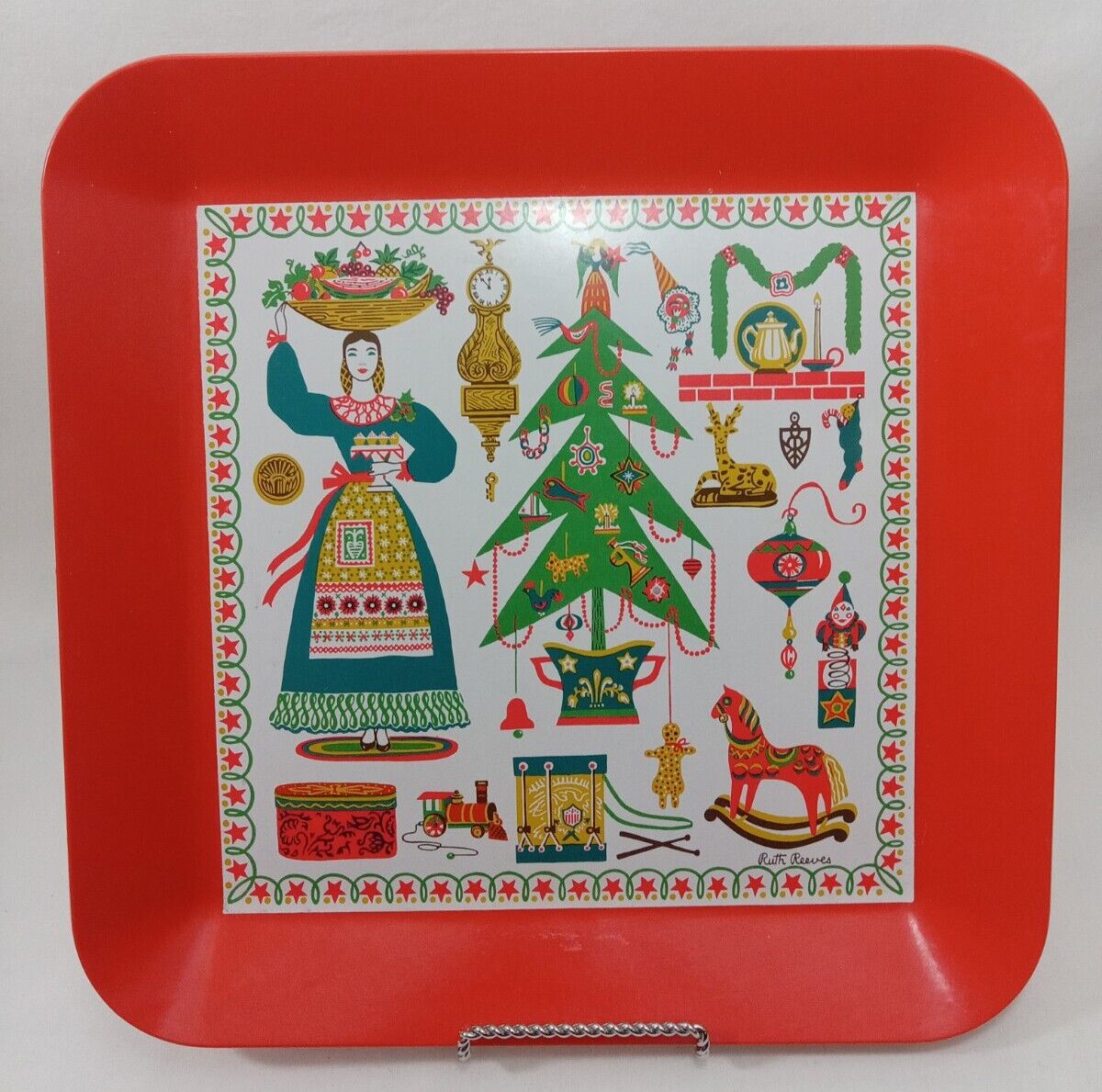 Ruth Reeves Christmas Tray Red Melamine MCM 1954 Waverly Products Vintage