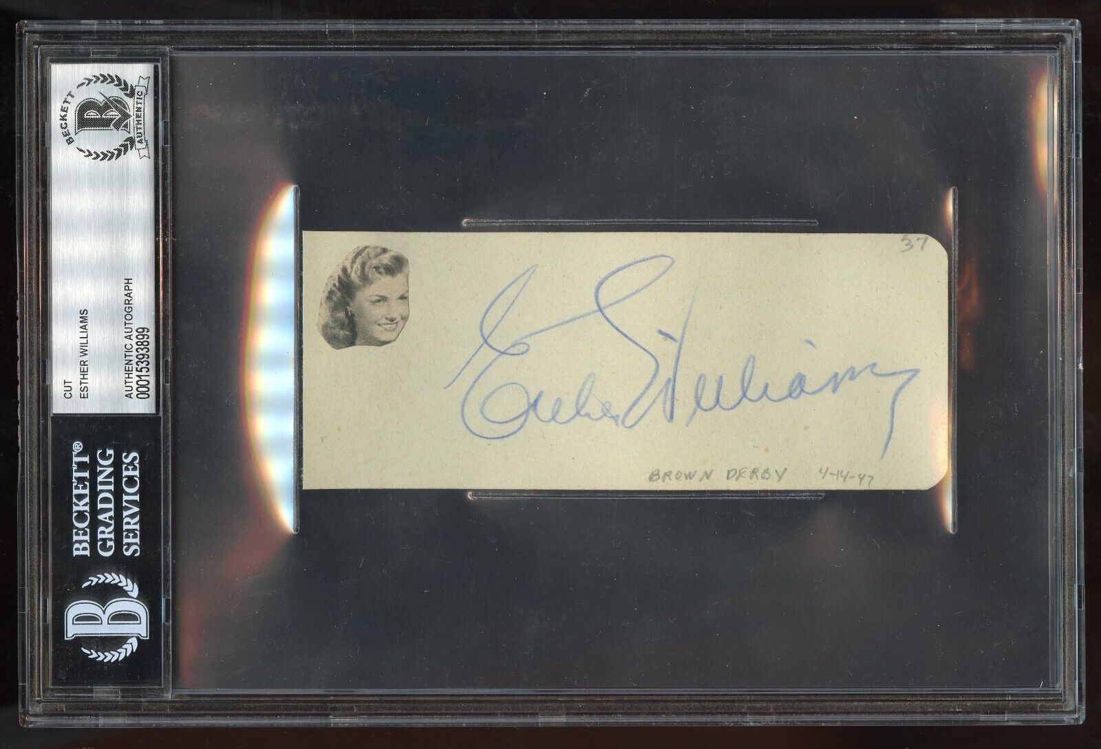 Esther Williams signed 2x5 cut autograph on 4-14-47 at Brown Derby BAS Slabbed