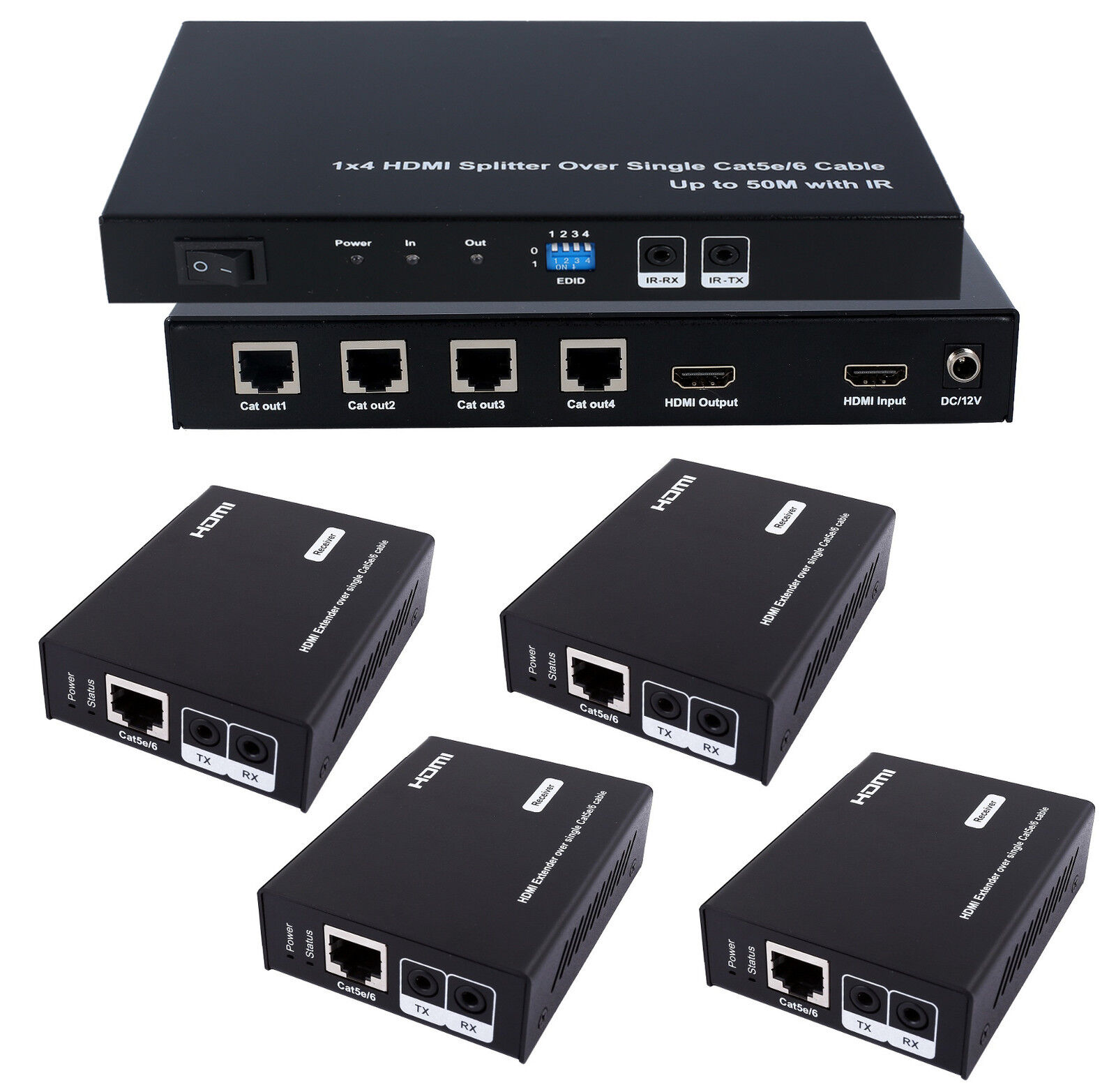 1x4 HDMI 4-Port Splitter Extender Kit w/ IR over RJ45 CAT5e CAT6 Ethernet Cable