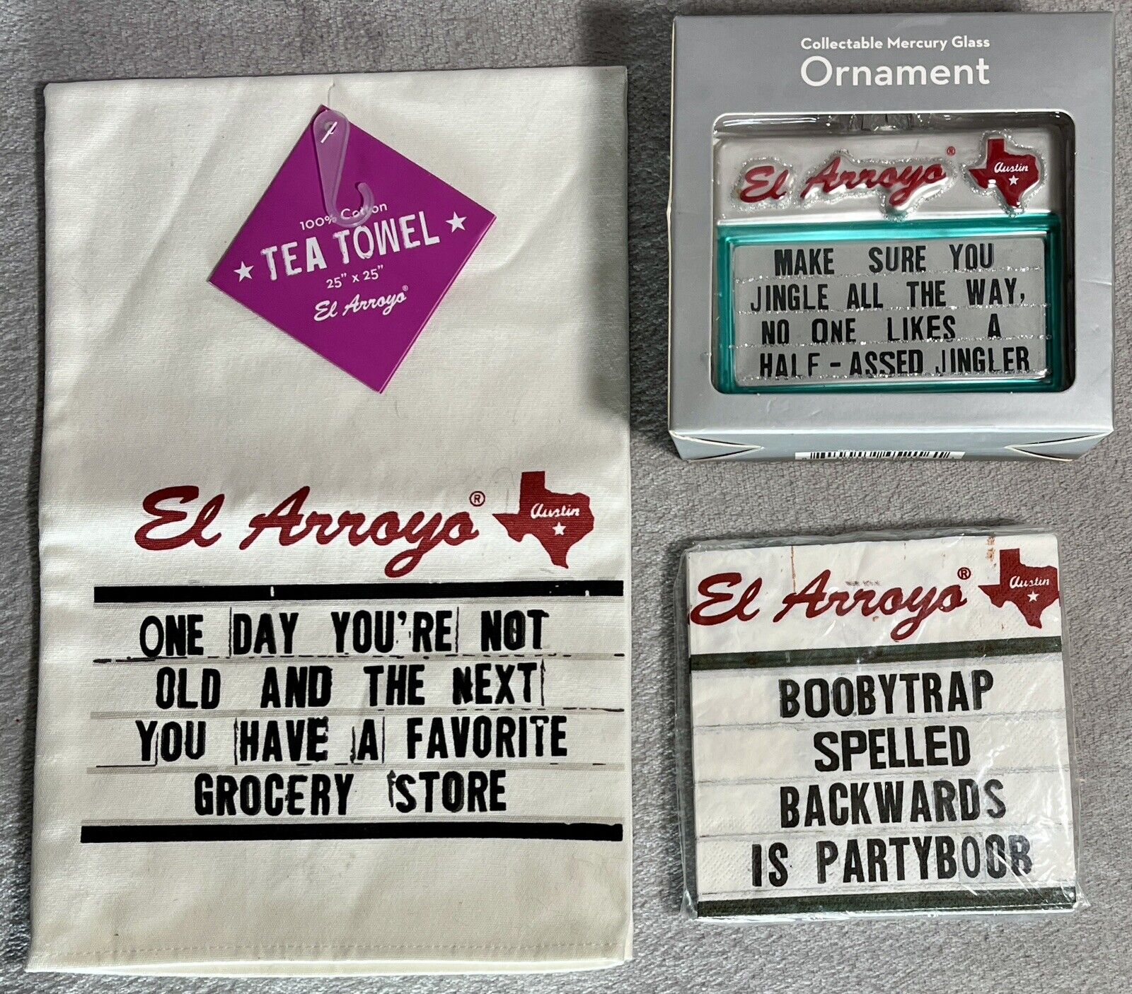Lot 3 El Arroyo Tea Towel Ornament Napkins Kitchen Collectible Austin Texas