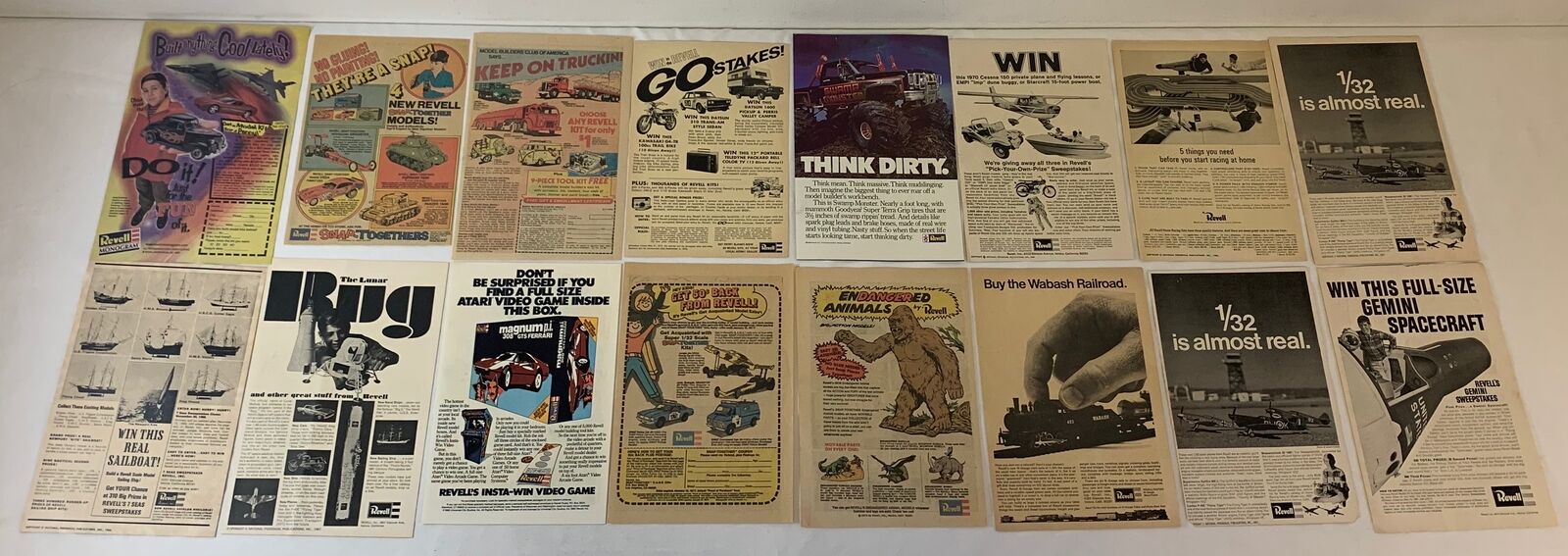 collection/lot of 16 REVELL model kit ad pages ~ 1960s-1990s