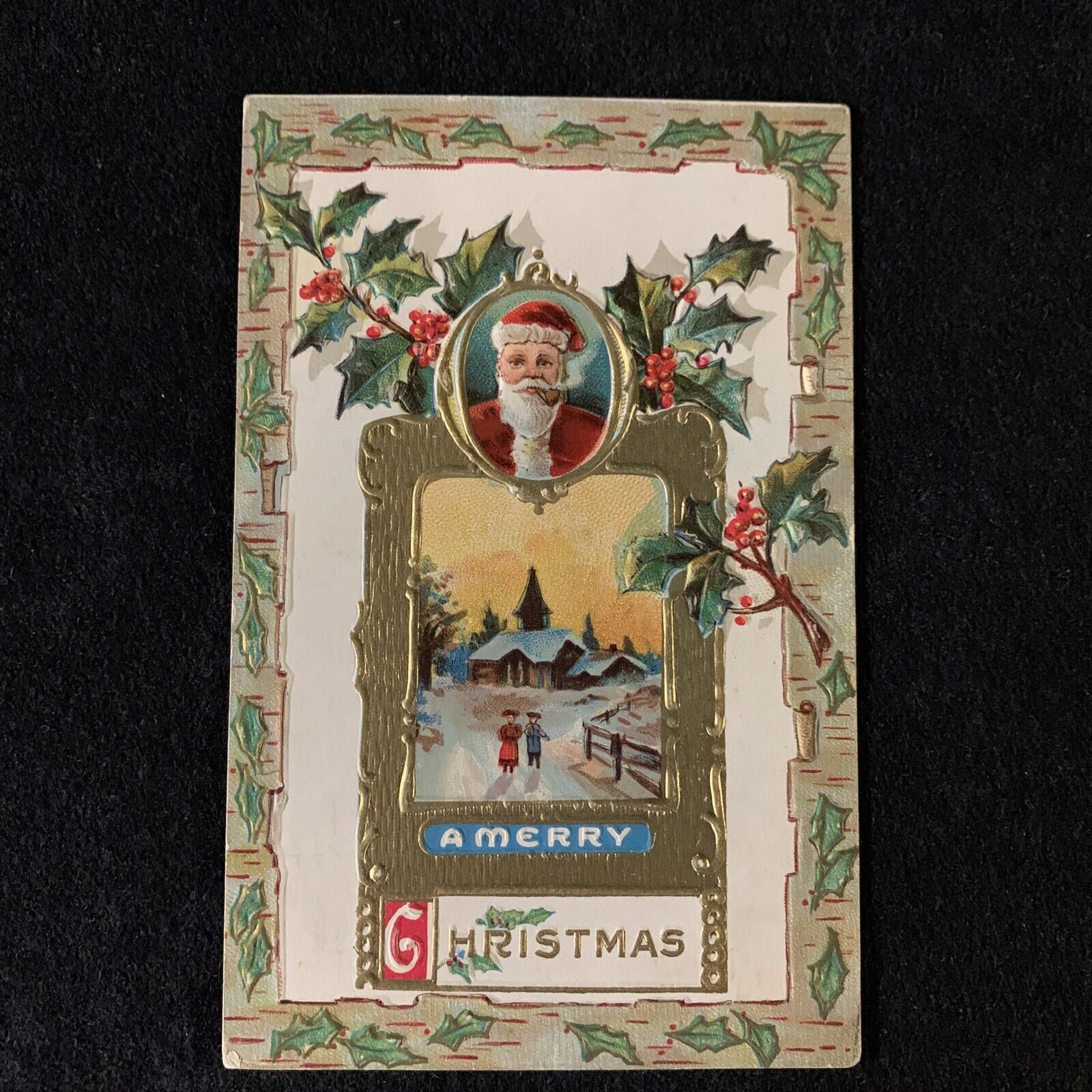 1911 Christmas Embossed Santa Claus Pipe Holly Winter Snow Antique Postcard
