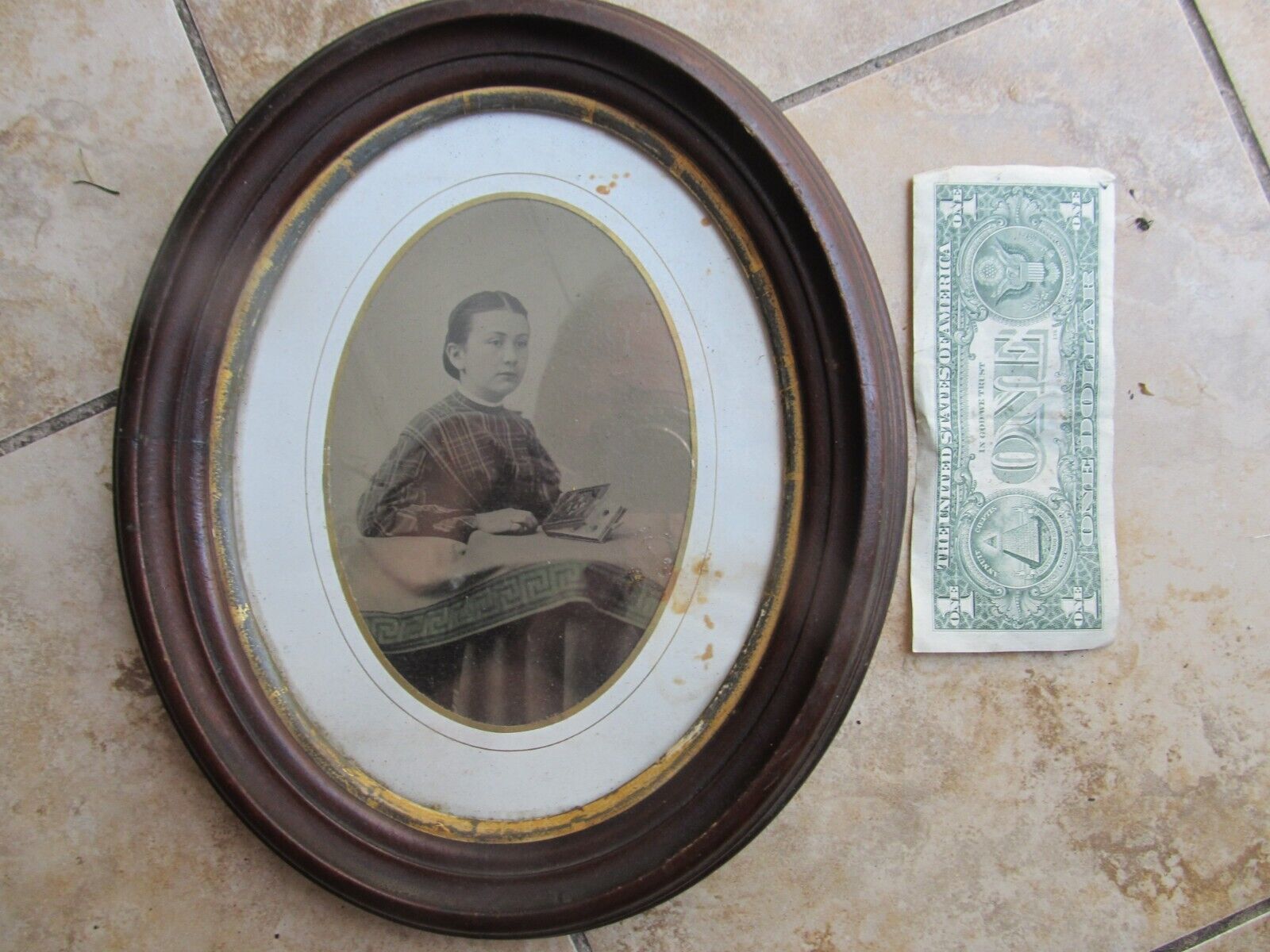 Classic Antique Walnut Frame, MAINE ID, w/Rare Tintype Holding Photo Album c1860