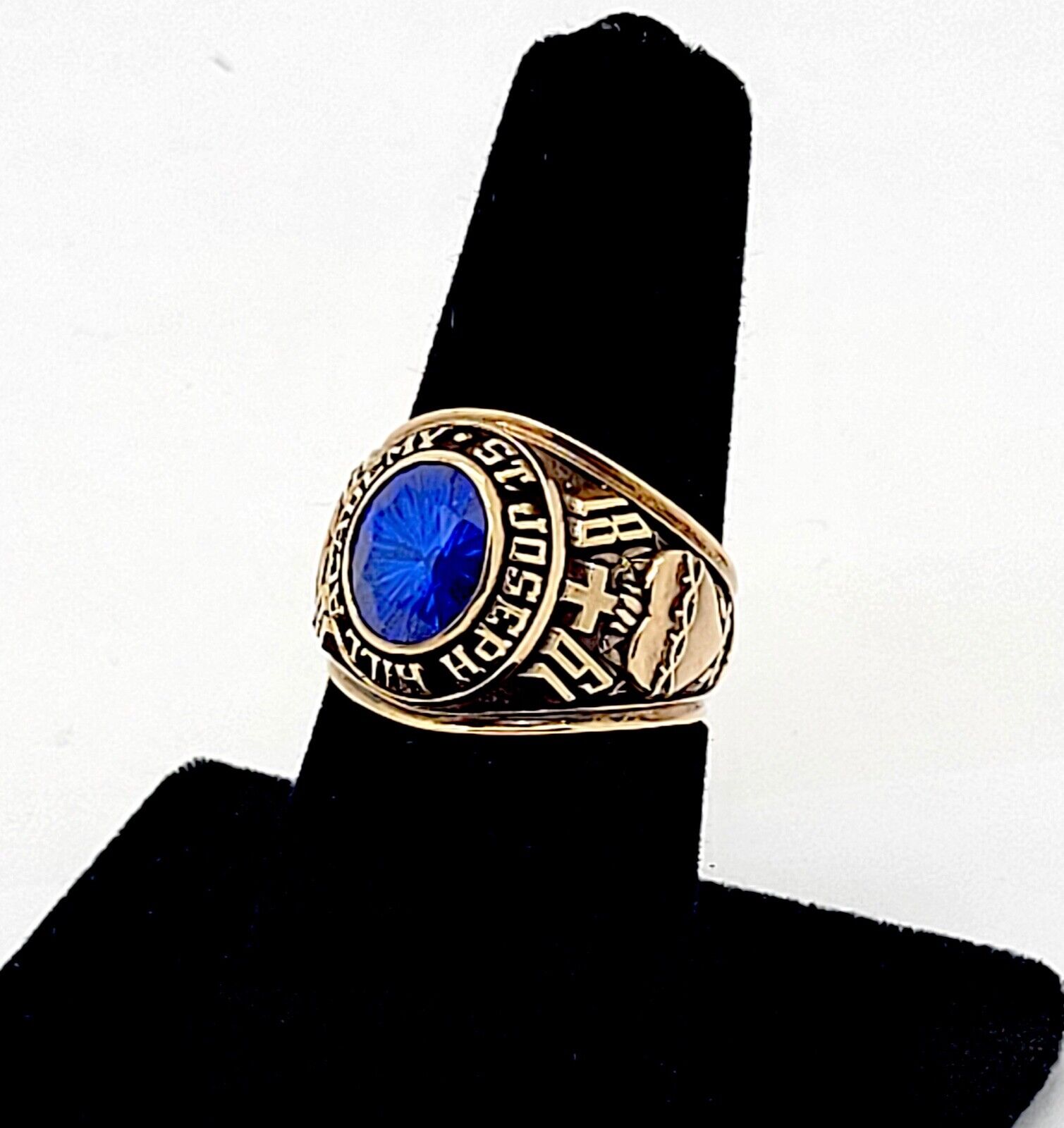 1981 ST JOSEPH HILL ACADEMY 10K GOLD LAB BLUE SPINEL CLASS RING,7, ROSE COSTA