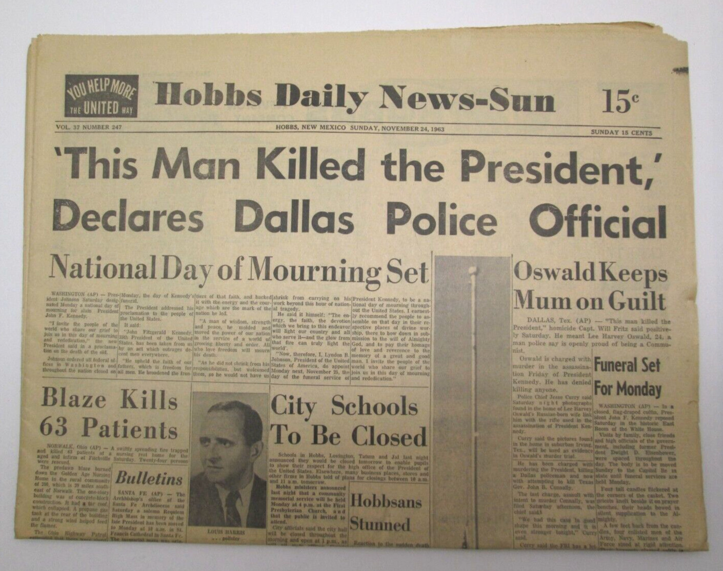 JFK President John F Kennedy ASSASSINATION 1963 Newspaper Hobbs New Mexico
