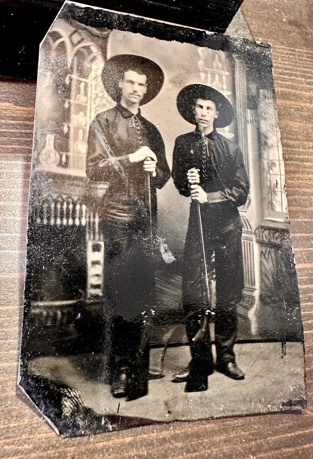 Antique Western Tintype Photo / Armed Cowboys with Rifles  1800s Guns Old West