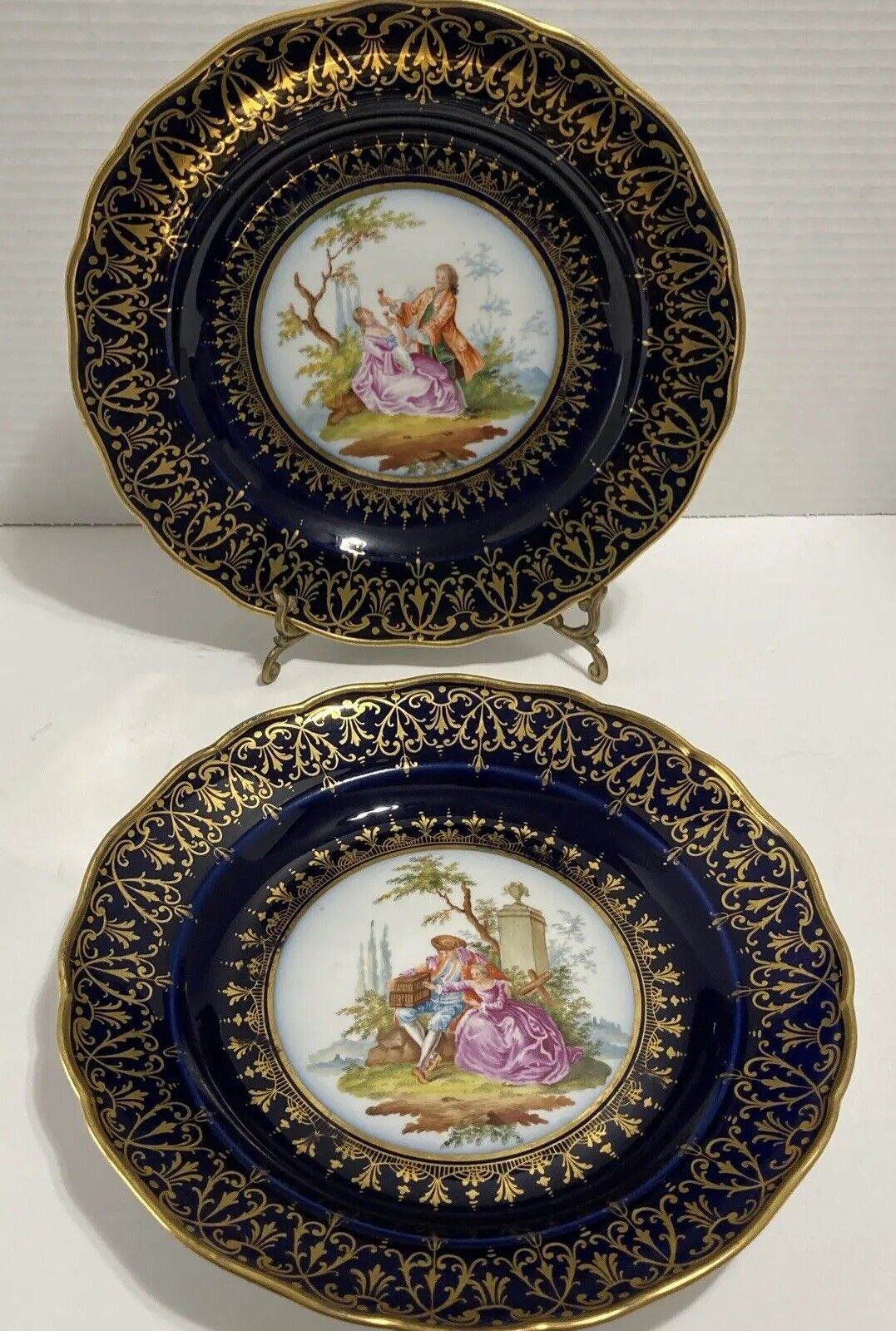 Antique Meissen Porcelain Cobalt Blue Ground  Watteau  Charger Plates 9.5 Set/2