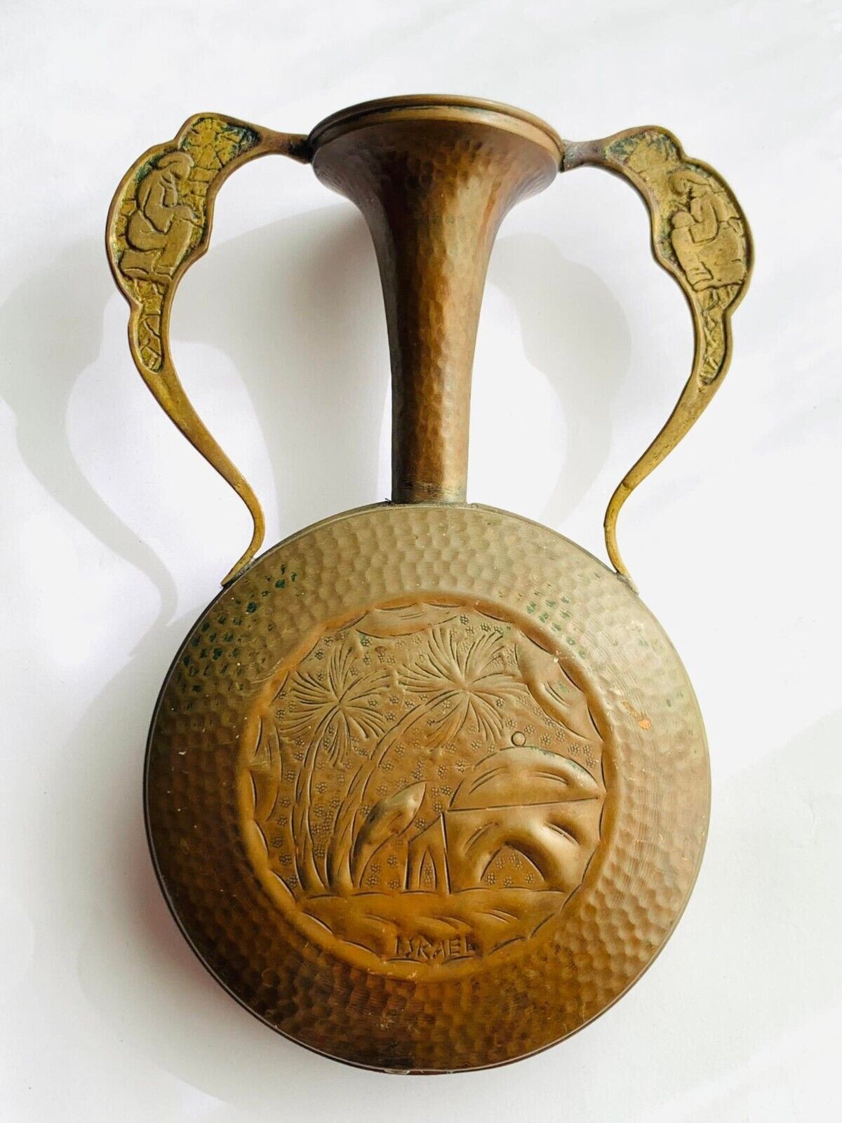 Big Antique Vintage Copper Hand Made Engraved Vase Jug Israel Judaica