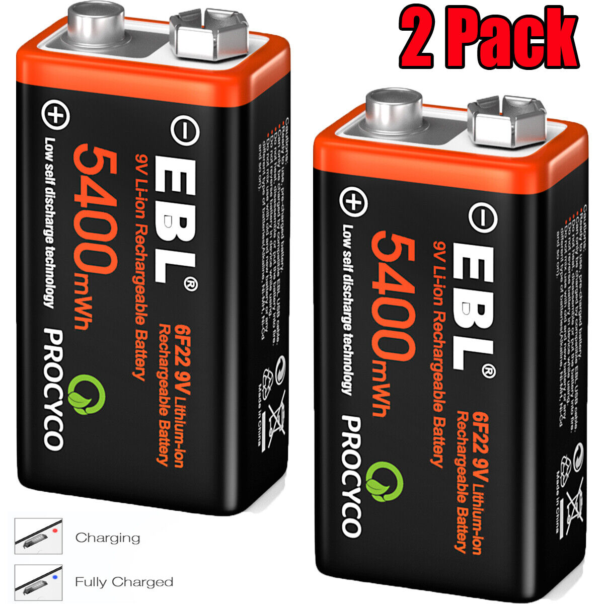 2Pack EBL USB Rechargeable 9V Lithium LI-ion Battery Batteries 5400mWh 9 Volt US
