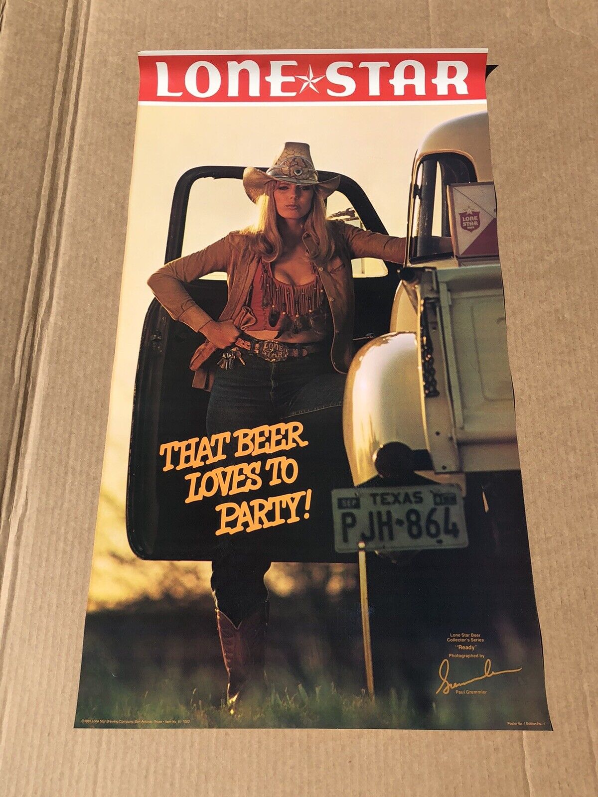 Vintage 1981 Lone Star Beer Poster Texas Cowgirl Pickup Collector's Series Ready