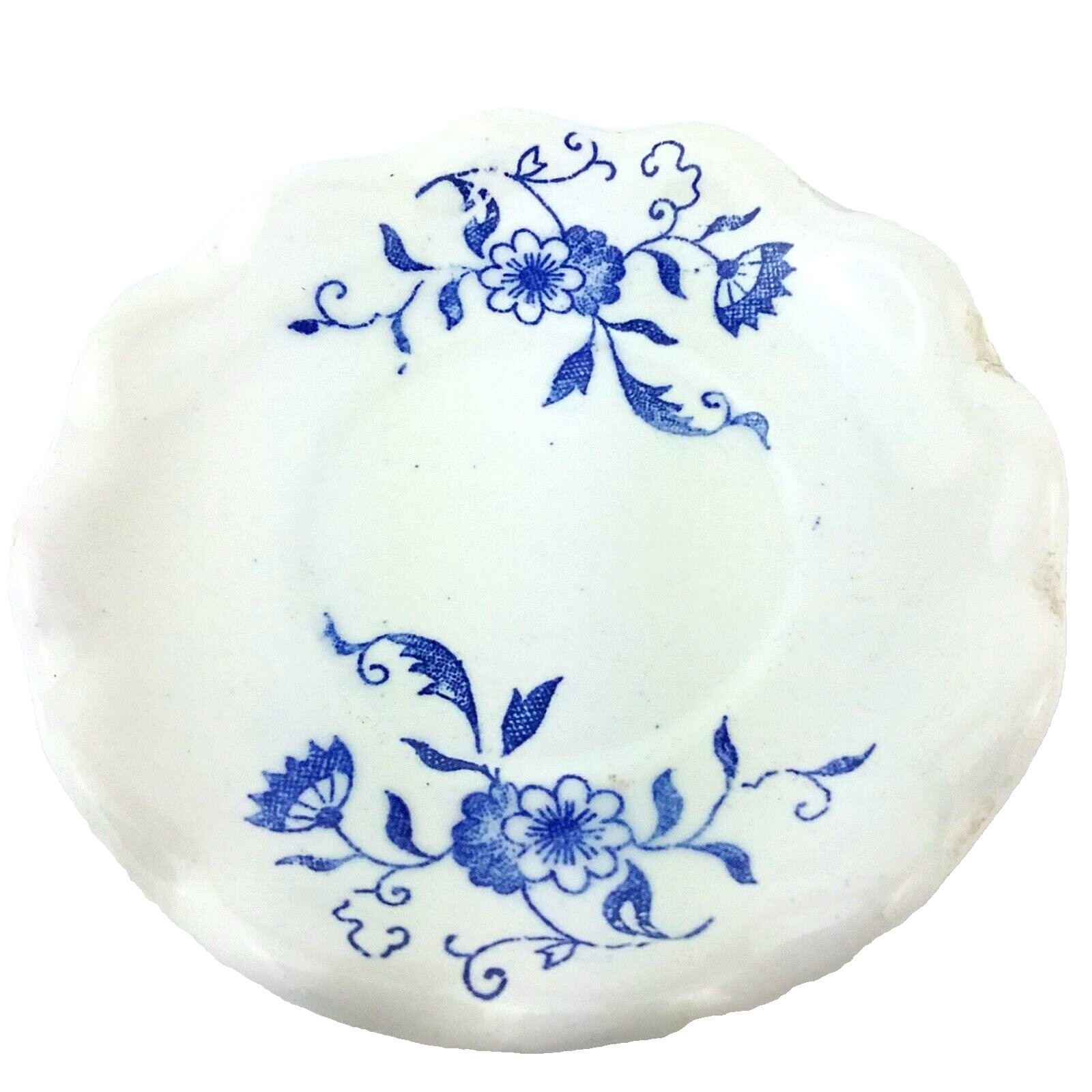 Vintage Trinket Dish White Royal Blue Floral Pattern Wavy Curved Edges Japan