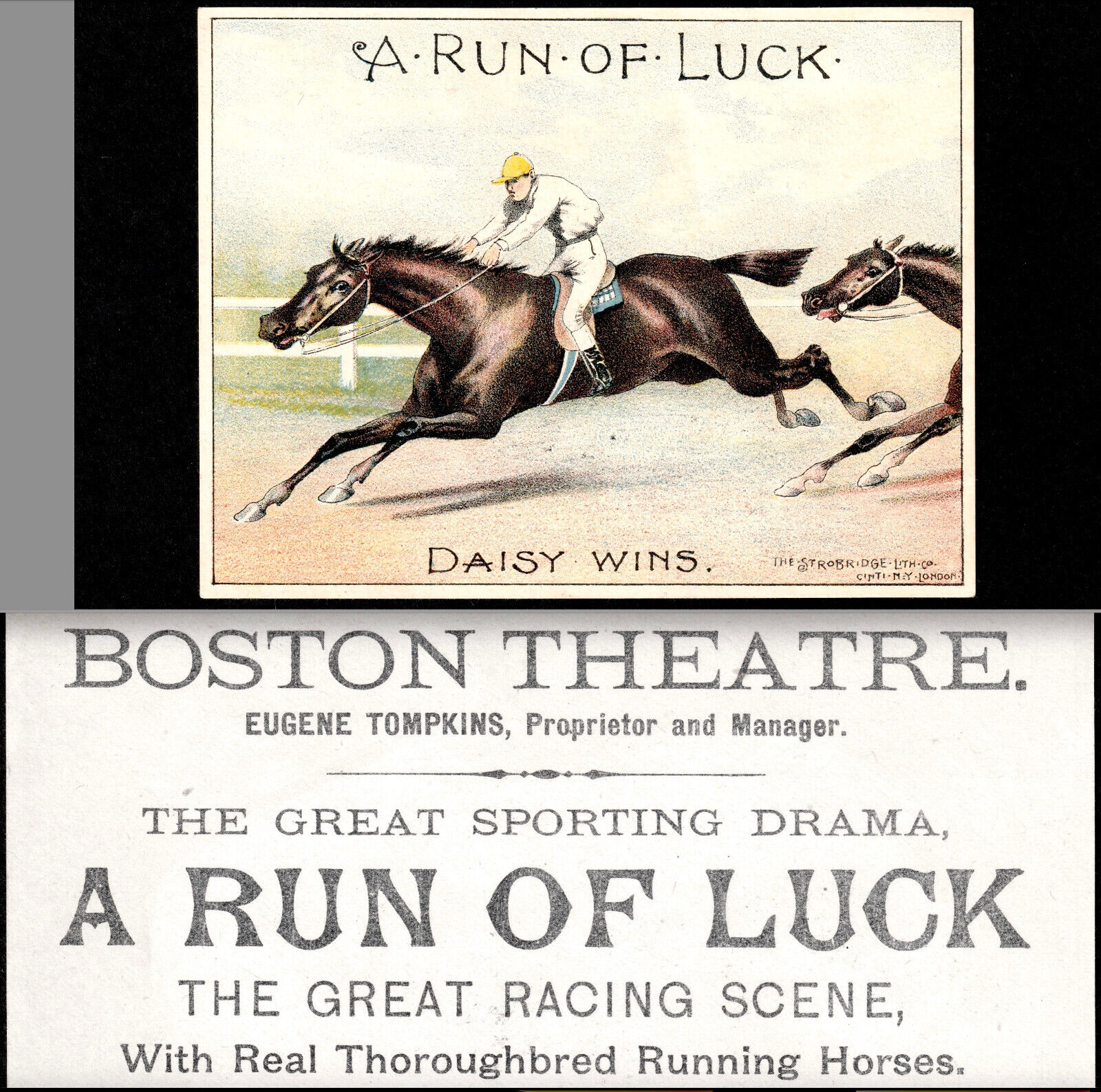 19th Century Horse Race on Stage Boston Theater Hunting Sport Drama Trade Card
