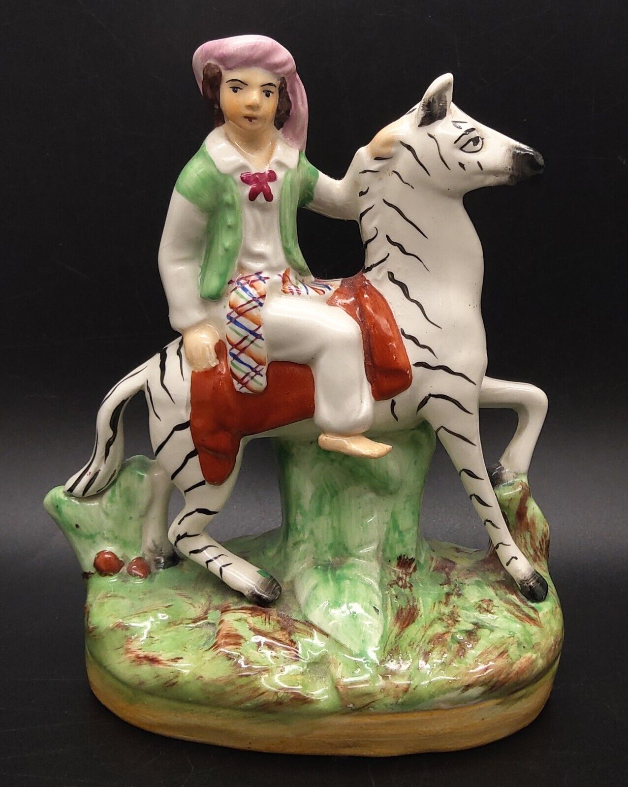 RARE Antique Old Staffordshire Ware England Figurine Boy Riding Zebra