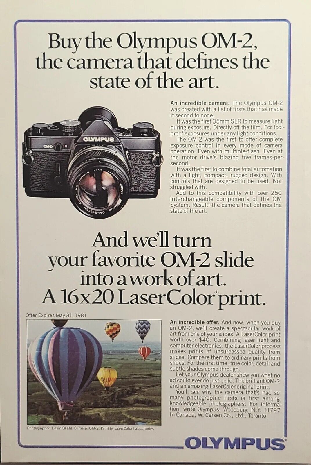 Olympus OM-2 35mm SLR Camera Hot Air Balloons Vintage Print Ad 1981