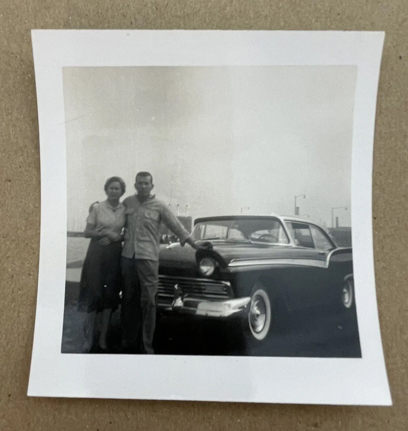 Vtg 1950s Snapshot Photo Couple With Ford Fairlane Classic Car