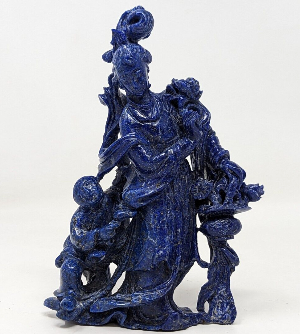 Vintage Chinese Lapis Lazuli Guanyin Kwan Yin Goddess Lady Figurine Statue HR21
