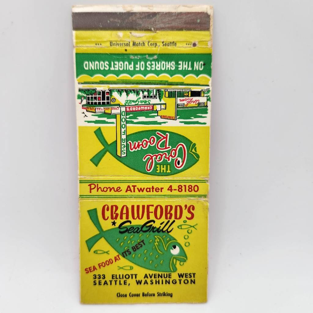 Vintage Matchcover Crawford\'s SeaGrill Seattle Washington Puget Sound 333 Elliot