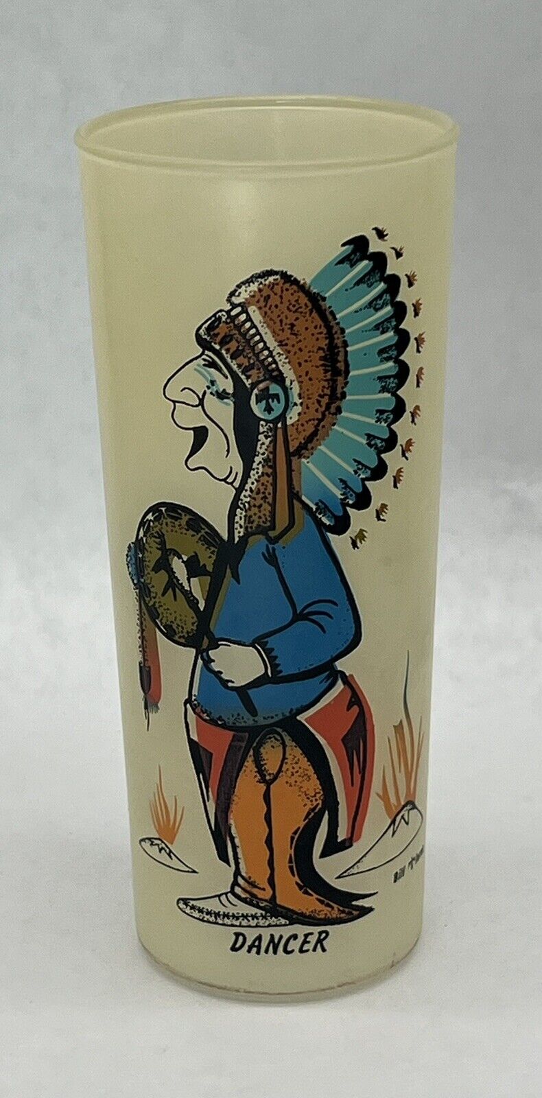 Vintage 1950's Bill Flores Native American Indian Dancer Frosted Glass Cup Mint