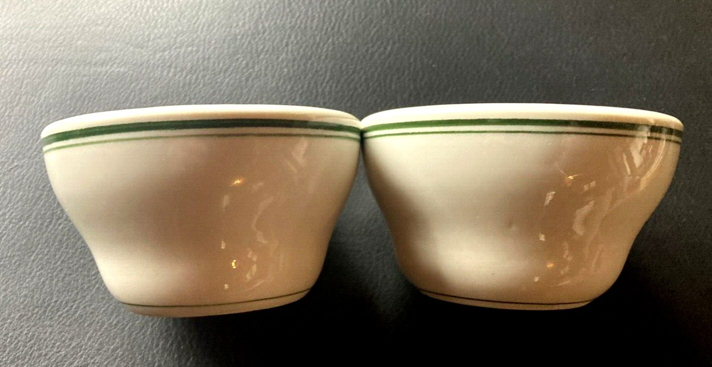 WALLACE CHINA RESTAURANT WARE CUSTARD CUPS GREEN STRIPE SOUP CUPS (2) VINTAGE