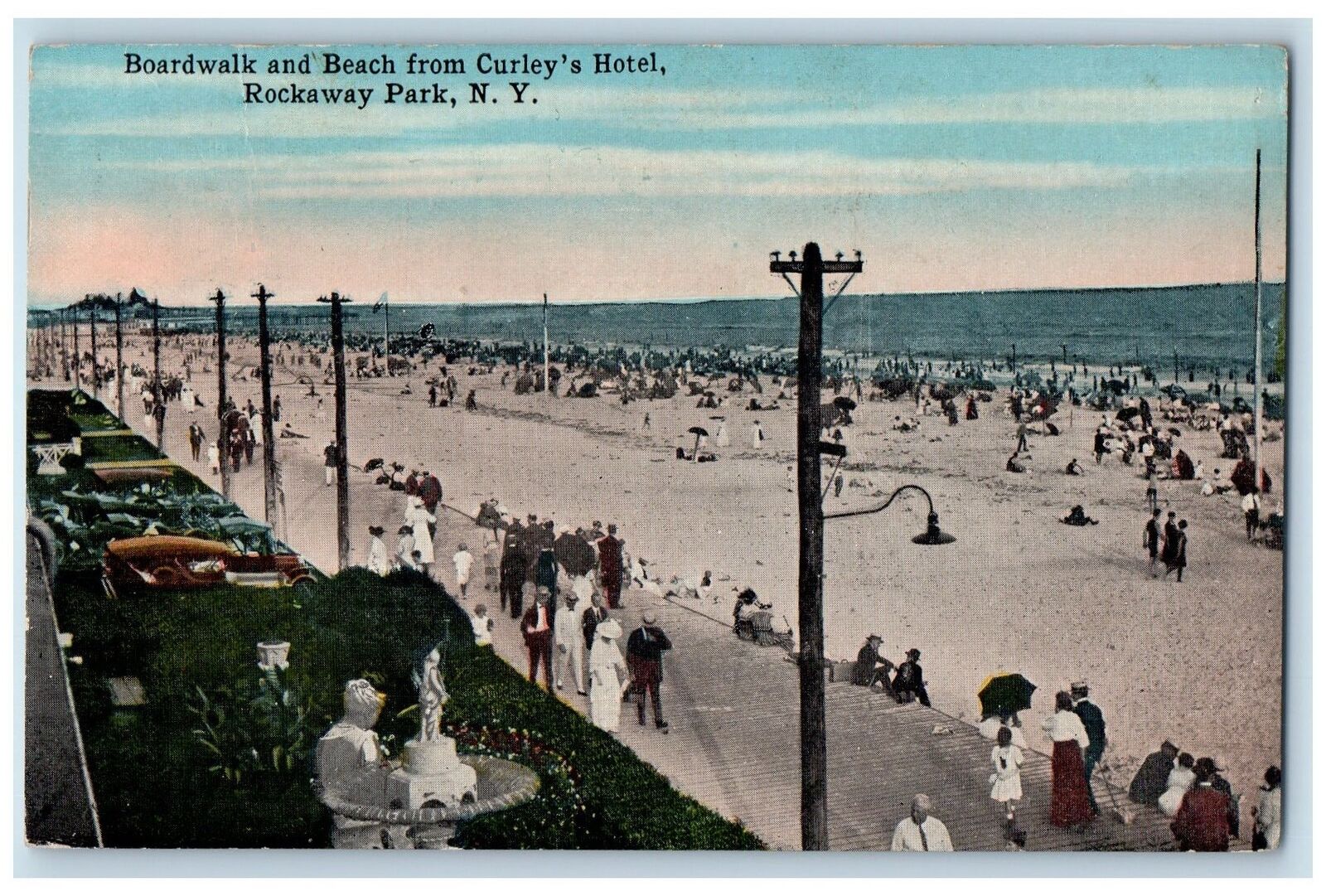 1917 Boardwalk Beach Curley's Hotel Restaurant Classic Cars Rockaway NY Postcard