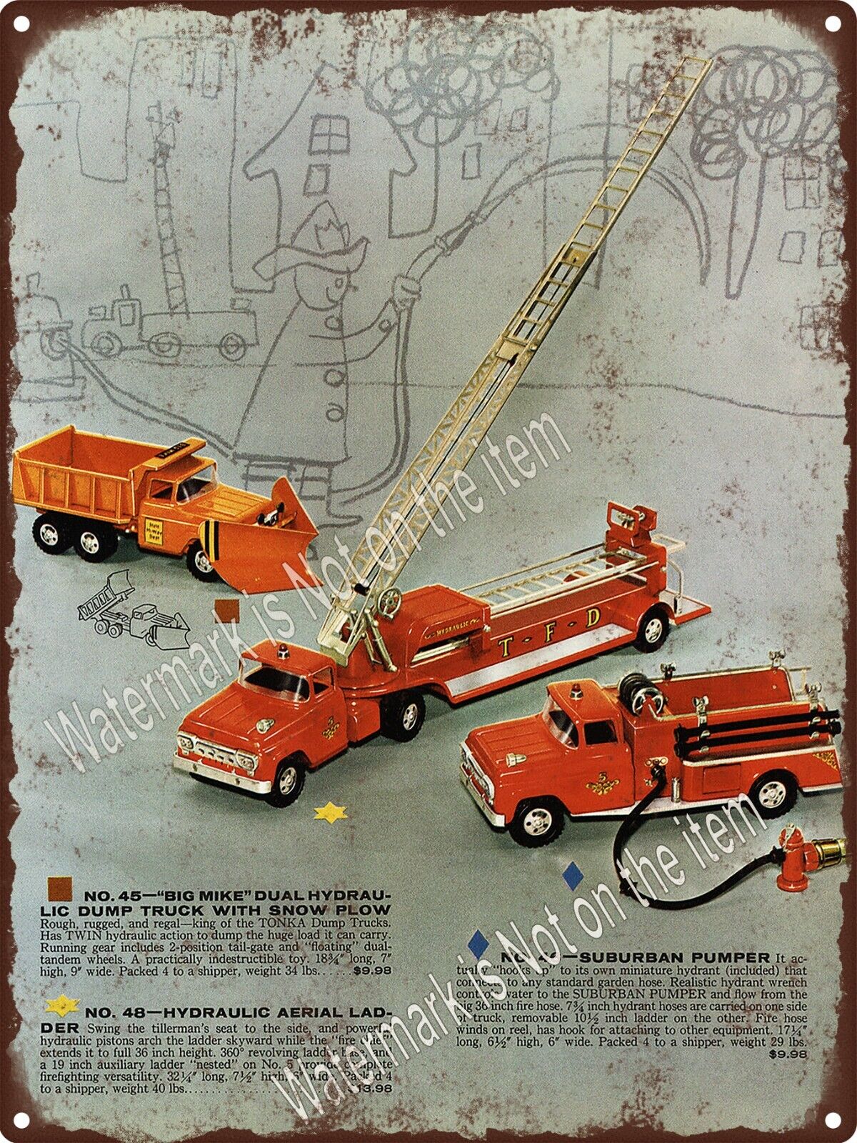 1958 Tonka Toy Fire dump truck Snow Plow Pumper Ladder Metal Sign 9x12\