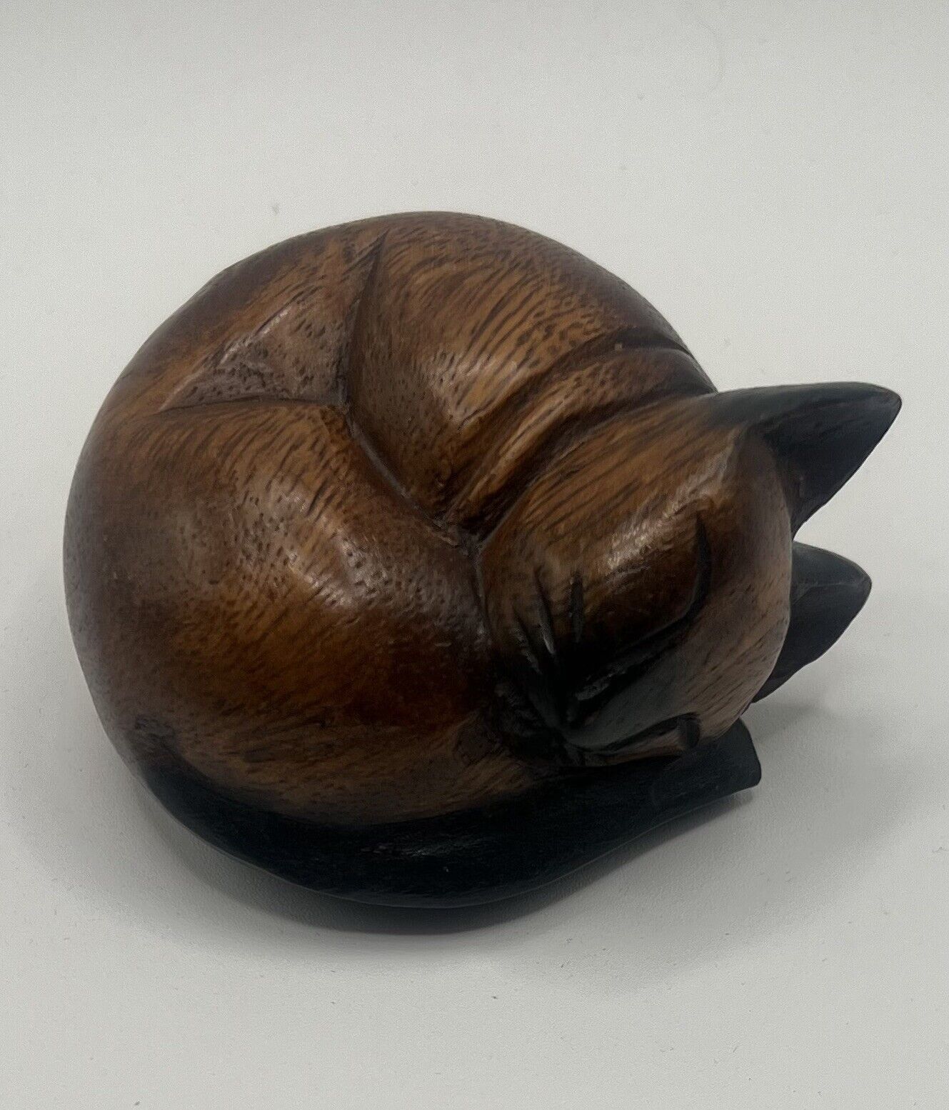 Hand Carved Wooden Sleeping Cat. Kitten. Vintage. MCM. Figurine. Paperweight.