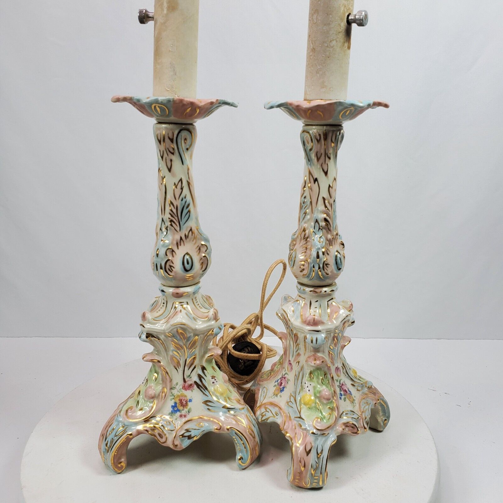 Vintage Mid Century Regency Ceramic Lamp Pair Original Wiring 16 Inch Tall