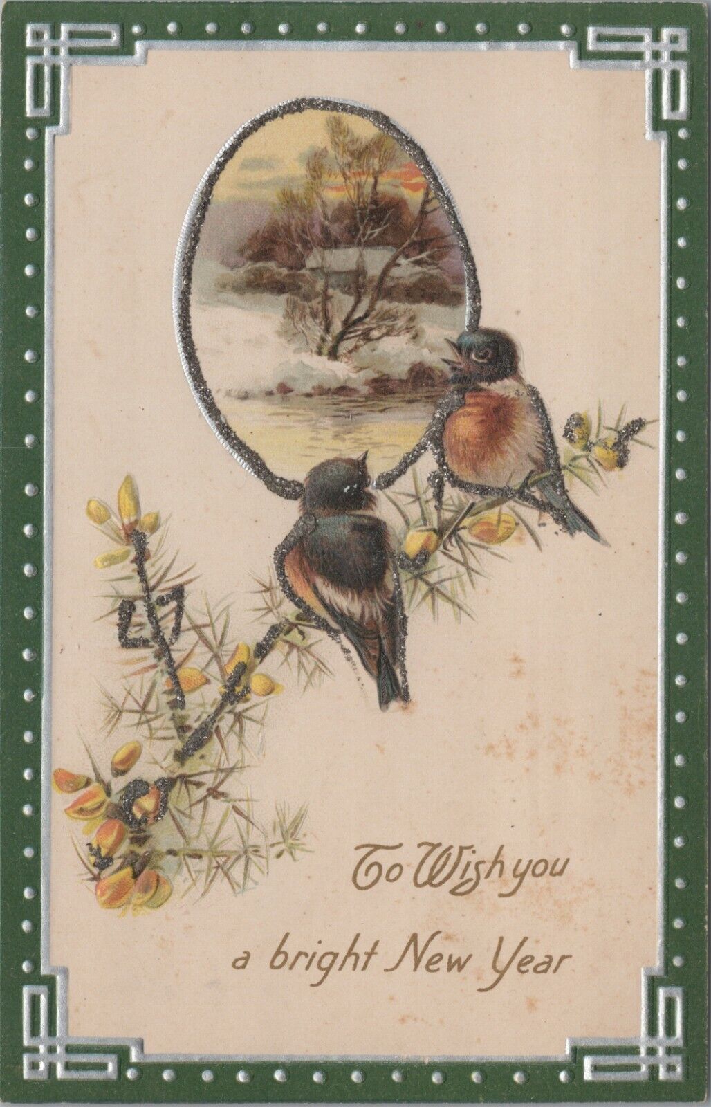 c1907 New Year birds mica glitter tinsel snow scene embossed postcard A538