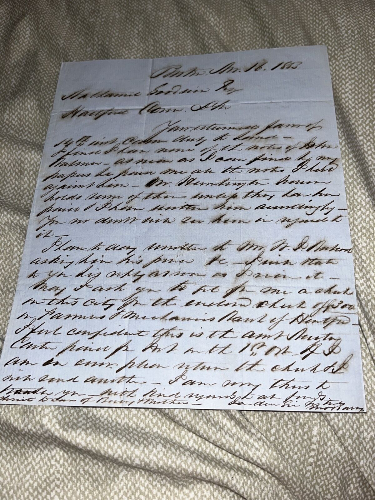 1853 Letter to Hartford CT Judge Treasurer: Farmers & Merchants Bank of Hartford