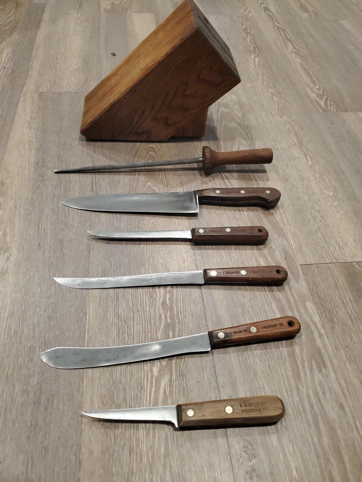 Antique L L Bean Wooden Chicago Cutlery Carbon Steel Kitchen Knife Set