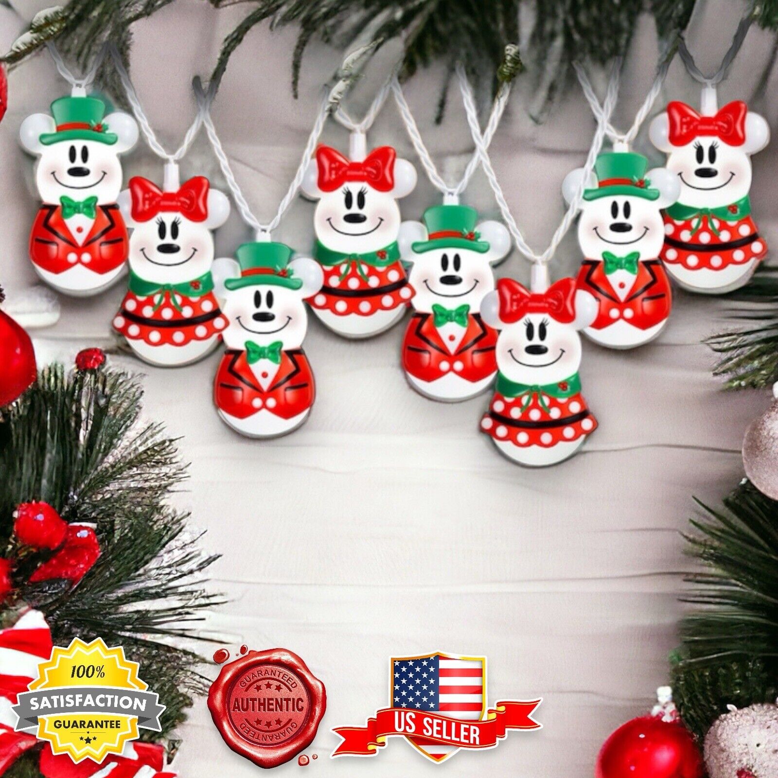 Disney Magic Holiday Mickey & Minnie 8pcs Blow Mold Christmas LED String Lights